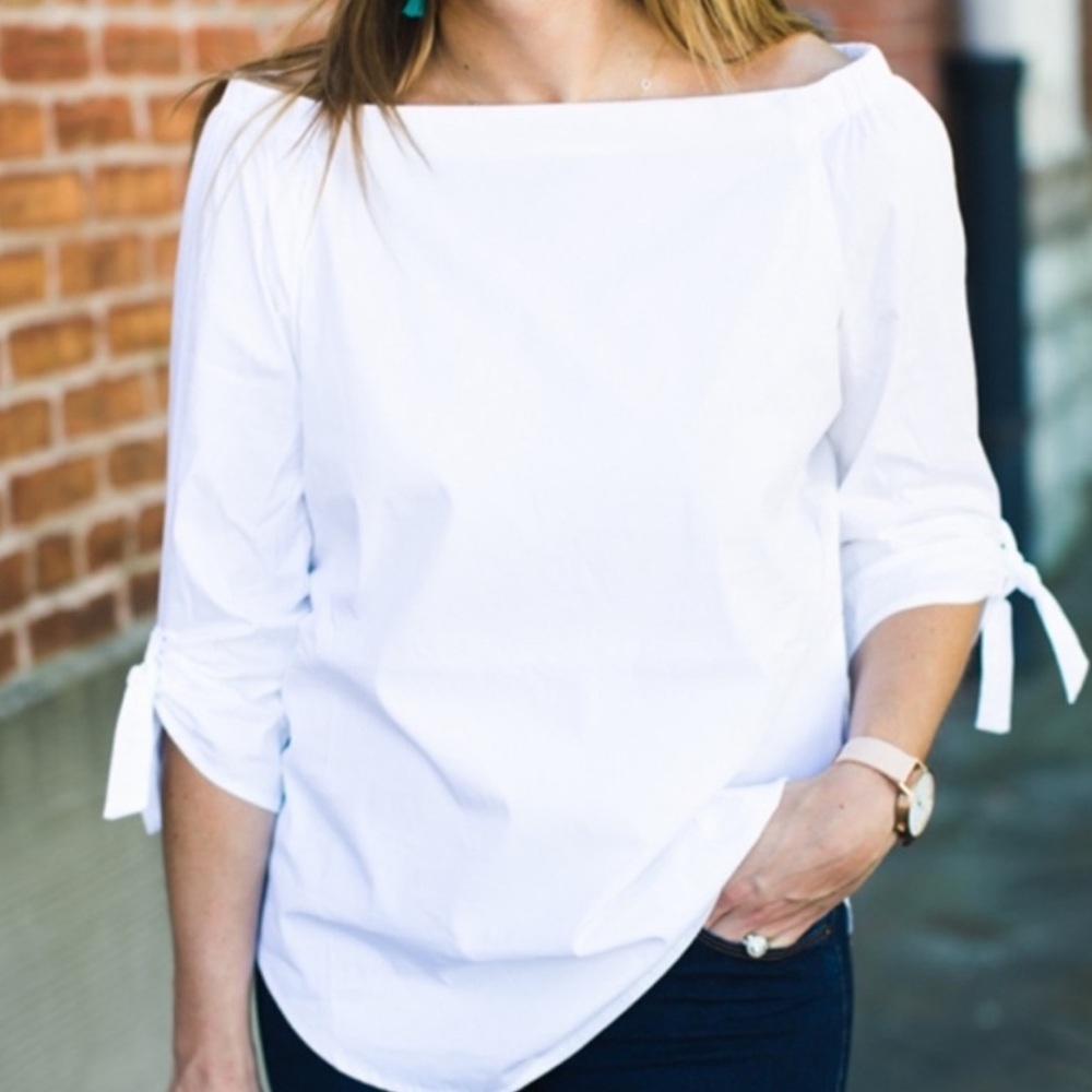 J. McLaughlin Natasha off shoulder Navy and White Blouse silk cotton blend - Picture 7 of 8